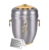 Piękna srebrna metalowa urna kremacyjna na prochy / Plakietka