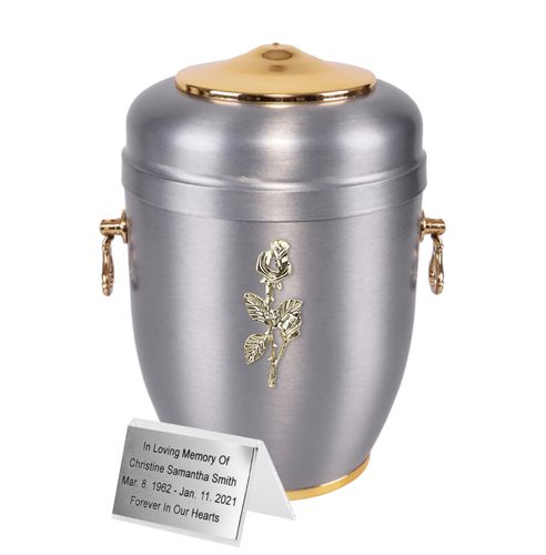 Piękna srebrna metalowa urna kremacyjna na prochy / Plakietka na Arena.pl