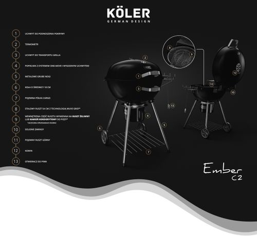 Gril ogrodowy węglowy KOLER EMBER C2 z termometrem duży okrągły popielnik na Arena.pl