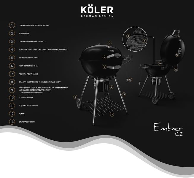 Gril ogrodowy węglowy KOLER EMBER C2 z termometrem duży okrągły popielnik zdjęcie 15