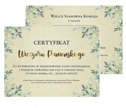 CERTYFIKAT + GRY na Wieczór Panieński BOHO ZŁOTE na Arena.pl