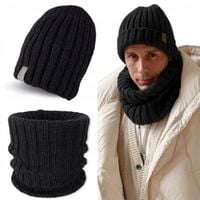 WEŁNIANY MĘSKI KOMPLET CZAPKA + KOMIN szal GRUBY ciepły zimowy PREMIUM