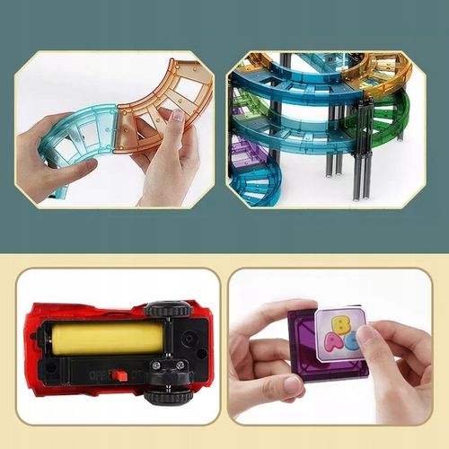 KLOCKI MAGNETYCZNE DLA DZIECI EDUKACYJNE PANELE KOLEJKA TOR + 2 AUTKA 59 EL na Arena.pl