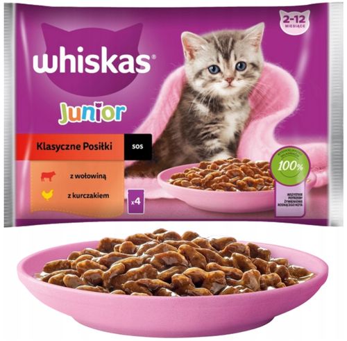 WHISKAS JUNIOR MOKRA KARMA DLA KOCIĄT WOŁOWINA KURCZAK W SOSIE 4 X 85 G na Arena.pl
