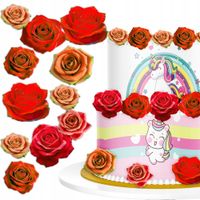 Waflowe Czerwono - Pomarańczowe KWIATKI RÓŻE na tort OZDOBA - 32 szt