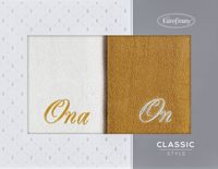 Zestaw ręczników ON i ONA 2 X 70X140 cm srebrny + musztarda na prezent