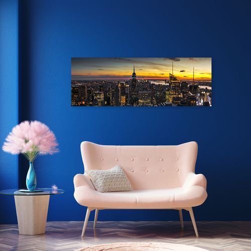 Obraz na płótnie, Miasto na tle zachodzącego słońca 90x30 na Arena.pl