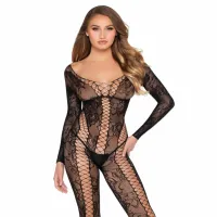 leg avenue lace bodystocking black - koronkowy model z długim rękawem