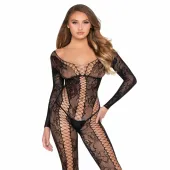 leg avenue lace bodystocking black - koronkowy model z długim rękawem