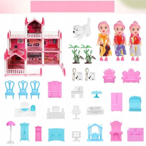 DUŻY ZESTAW MEBLI DO DOMKU DLA LALEK 3 PIĘTRA 9 POKOI z oświetleniem LED na Arena.pl