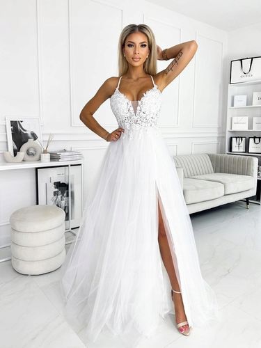 Jolie BIAŁA DŁUGA SUKIENKA z GIPIURĄ ślubna XS na Arena.pl