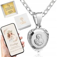 Srebrny łańcuszek pancerka 45 cm i medalik Matka Boska Komunijny na Chrzest