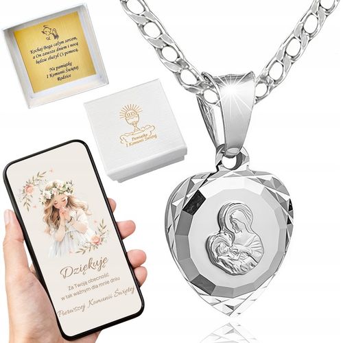 Srebrny łańcuszek pancerka 45 cm i medalik Matka Boska Komunijny na Chrzest na Arena.pl