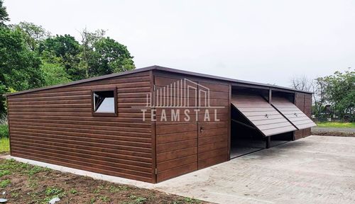 GARAŻ BLASZANY 12m x 5m poziom - spad tył 4x Brama - ciemny orzech TS224 12x5 na Arena.pl