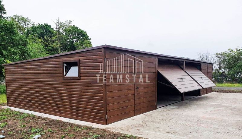 GARAŻ BLASZANY 12m x 5m poziom - spad tył 4x Brama - ciemny orzech TS224 12x5 zdjęcie 2