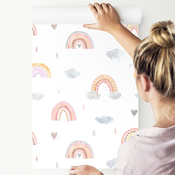 Tapeta W Rolce Dla Dziewczynki TĘCZE Akwarela Serduszka Chmurki Styl Boho zdjęcie 3