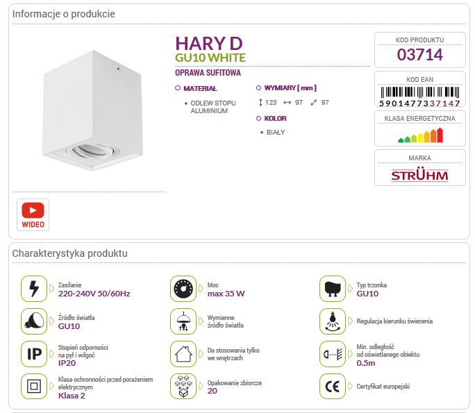 Lampa sufitowa plafon natynkowy HARY D kwadrat biały 03714 GU10 zdjęcie 4