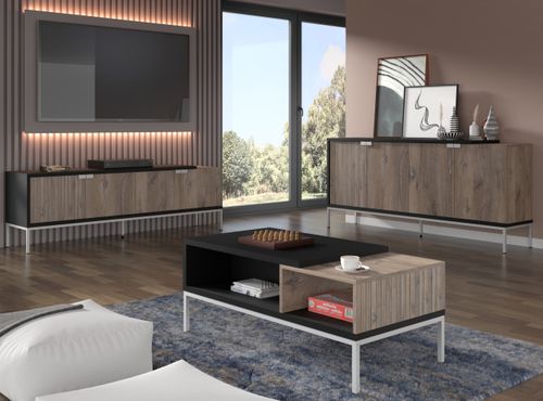 Szafka RTV TOLEDO 190 cm 4D dąb flagstaff / czarny mat + srebrna rama na Arena.pl