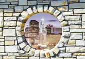 FOTOTAPETA kamienie widok na miasto okno 350x245