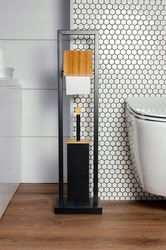 STOJAK NA PAPIER TOALETOWY + SZCZOTKA DO WC METAL / BAMBUS 2w1 CZARNY na Arena.pl