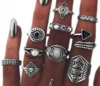 Punkowy srebrny komplet pierścionków antyczny boho