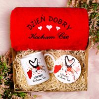 Prezent Walentynki Zestaw Prezentowy Komplet Duży Ręcznik Kubek Podkładka