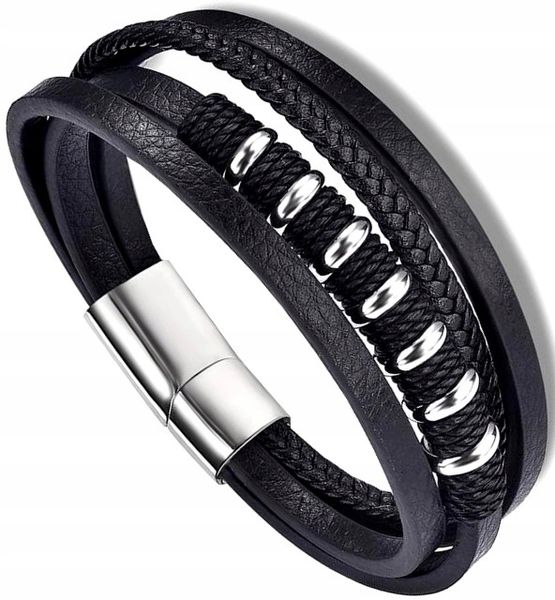 Czarna Bransoletka Punk Warkocz Męska Stal Skóra zdjęcie 1