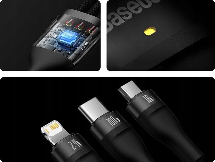 Kabel USB Baseus USBA USBC + microUSB + Lightning 1.2 m Czarny zdjęcie 12