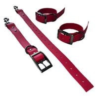 kajdanki na nogi bdsm z łącznikiem. regulowane, czerwone, do bondage.