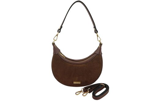 Subtelna mini torebka z miękkim zamszem i złotymi detalami - Brązowa na Arena.pl