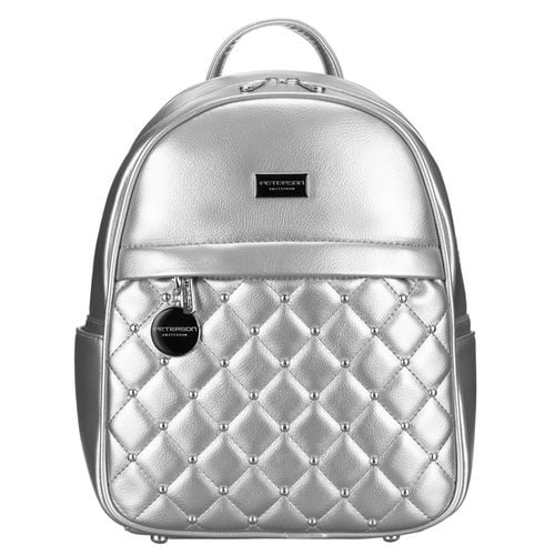 błyszczący srebrny plecak damski zdobiony pikowaniem i nitami eko skóra na Arena.pl