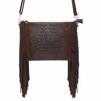 VERA PELLE torebka zamszowa listonoszka boho z frędzlami V001 c.brązowa