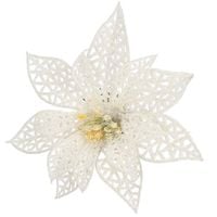 Gwiazda betlejemska 2 szt. sztuczny kwiat, poinsecja ażurowa, biała z brokatem na klipsie