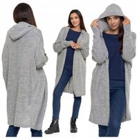SWETER DAMSKI DŁUGI KARDIGAN Z KAPTUREM CIEPŁY OVERSIZE SZARY MORAJ UNI