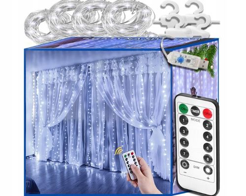 KURTYNA ŚWIETLNA kurtyna LED 2x2 m 200 LED USB pilot+ haczyki BIAŁY ZIMNY na Arena.pl