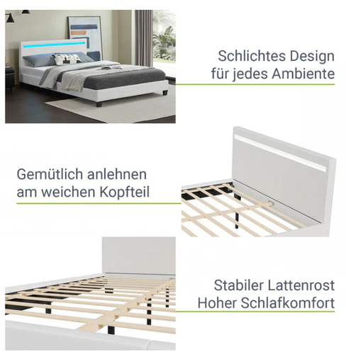 Łóżko tapicerowane z oświetleniem LED i stelażem 140 cm białe na Arena.pl