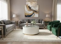 Stolik kawowy ryflowany biały okrągły złoty z szybą Glamour Premium 90