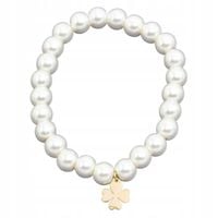 Bransoletka z kremowych sztucznych perełek zawieszka koniczynka kolor złoty