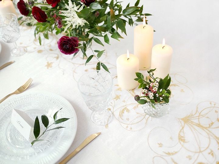 Organza Bieżnik Kremowa Złoty Wzór Dekoracja Stołu Komunia Chrzest Wesele zdjęcie 5