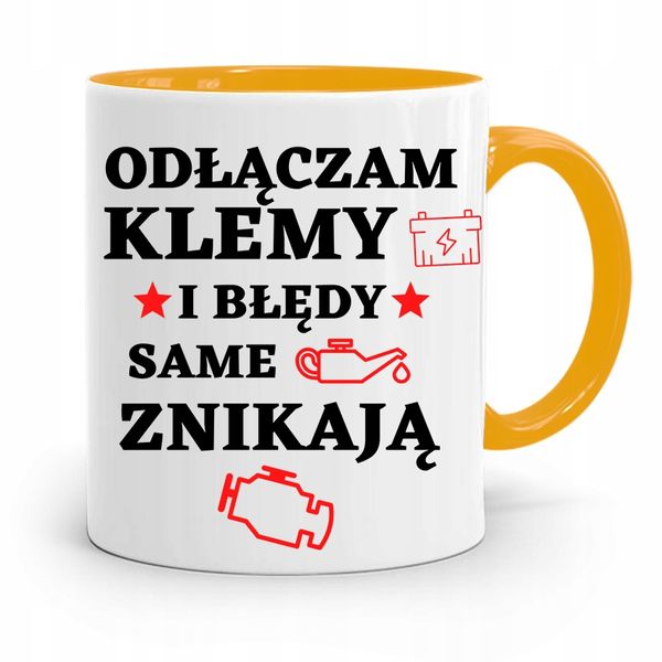 Kubek Żółty Prezent Dla Mechanika Odłączam Klemy Z Nadrukiem Ze Zdjęciem zdjęcie 1