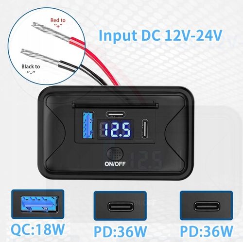 Gniazdo samochodowe montażowe 12V 24V USB 2xPD QC3.0 ON OFF WOLTOMIERZ 90W na Arena.pl