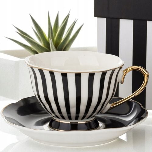 Komplet filiżanek porcelanowych 220 ml 2szt. biało-czarne złote zestaw na Arena.pl