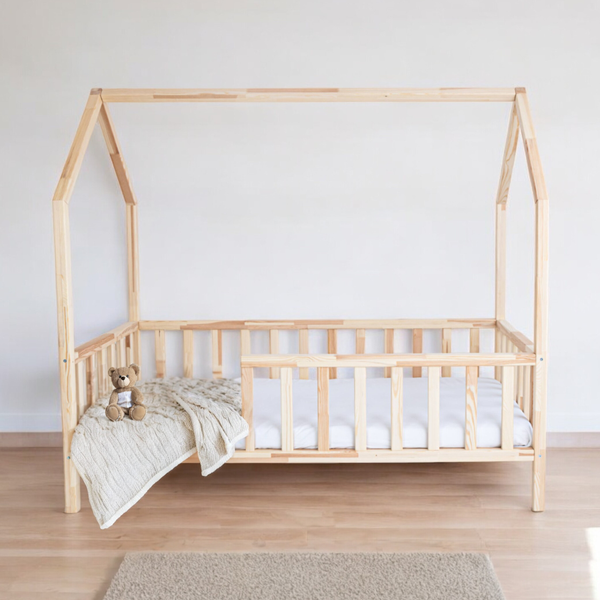 ŁÓŻKO DZIECIĘCE DOMEK AURORA 180x80 DREWNIANE BARIERKA + STELAŻ SOSNA