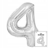 BALON FOLIOWY CYFRĄ CYFERKA 4 SREBRNA NA IMPREZE URODZINOWĄ 40cm
