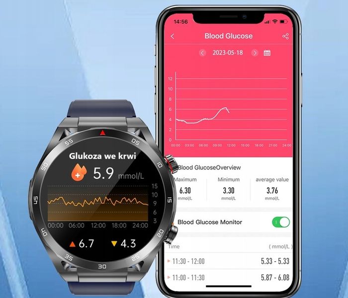 SMARTWATCH ZEGAREK TEMPERATURA CIAŁA POMIAR CUKRU GLUKOZA 3 PASKI HRV EKG zdjęcie 10