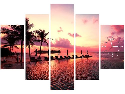 105CM 150CM ZEGAR 5 ELEM ZACHÓD SŁOŃCA RÓŻU PLAŻY MALEDIWACH DRUK OBRAZ na Arena.pl