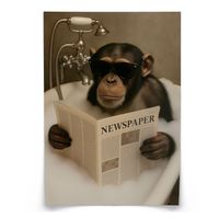 PLAKAT DO ŁAZIENKI MAŁPA SZYMPANS Z GAZETĄ W WANNIE ABSTRAKCJA 20cm x 30cm