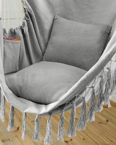 KRZESŁO BRAZYLIJSKIE FOTEL WISZĄCY HAMAK HUŚTAWKA JASNY SZARY Z PODUSZKAMI na Arena.pl