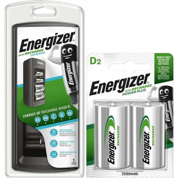 Ładowarka Energizer Universal R3 R6 R14 R20 9V + 2x Akumulatorki D 2500mAh zdjęcie 1