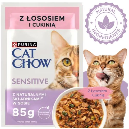 karma mokra dla wrażliwych kotów cat chow sensitive łosoś z cukinią 85 g na Arena.pl